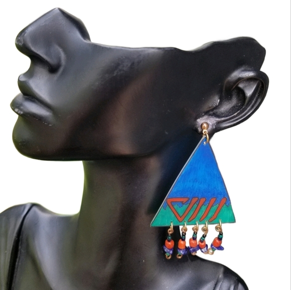 ARTISAN SIGNED 90s TRIBAL STYLE ABSTRACT DROP EARRINGS - Picture 1 of 5